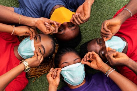 high-angle-friends-with-face-mask-concept